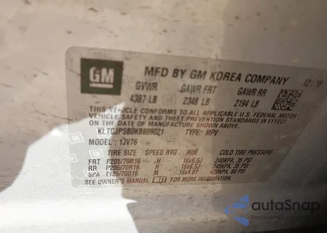 2019 Chevrolet Trax Lt из США, поврежденный, VIN KL7CJPSB0KB809021